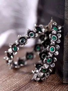 Saraf RS Jewellery Silver-Toned  & Green Oxidised Circular Hoop Earrings