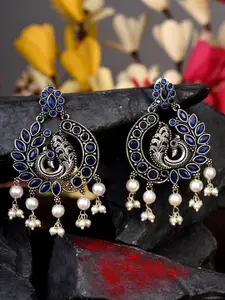 Saraf RS Jewellery Blue & Silver-Toned Oxidised Peacock Shaped Drop Earrings