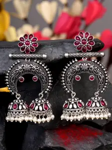 Saraf RS Jewellery Red & Silver-Toned Oxidised Dome Shaped Jhumkas Earrings