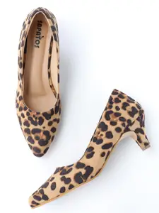 SAPATOS Tan Printed Suede Kitten Pumps with Laser Cuts