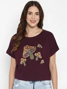 Taurus Women Maroon Printed Extended Sleeves Loose T-shirt