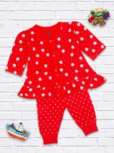 MeeMee Girls Red & White Printed Pure Cotton Top With Pyjamas