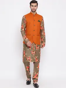VASTRAMAY Men Brown Floral Printed Kurta with Churidar & Nehru Jacket