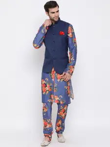 VASTRAMAY Men Blue Floral Printed Kurta with Churidar & Nehru Jacket