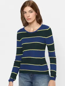 ONLY Women Blue & Yellow Woolen Striped Sweaters