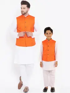 VASTRAMAY Men White Kurta with Churidar & Nehru Jacket