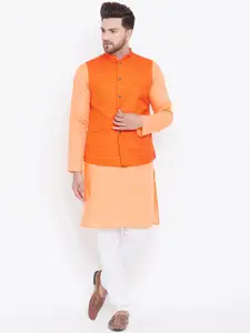 VASTRAMAY Men Orange Kurta with Churidar & Nehru Jacket