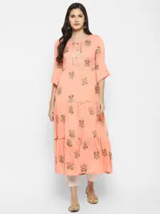 VAABA VAABA Peach-Coloured Floral Ethnic A-Line Midi Dress