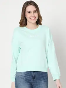 Vero Moda Women Turquoise Blue Printed Cotton Sweatshirt