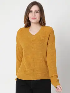 Vero Moda Women Mustard Self Design Acrylic Pullover
