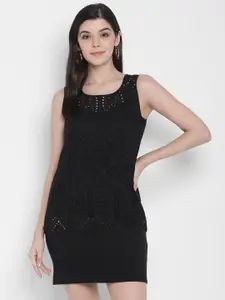 Porsorte Black Embroidered Cotton Sheath Dress