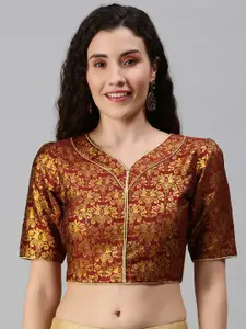 flaher Women Maroon & Golden Woven Saree Blouse