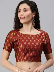 flaher Women Maroon & Golden Woven Saree Blouse