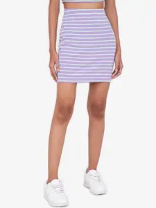 ZALORA BASICS Women Lavender-Coloured & White Striped Above Knee Pencil Skirt