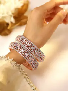 Rubans Set of 2 Rose Gold Plated Zirconia Stone Studded Bangles  Floral Design