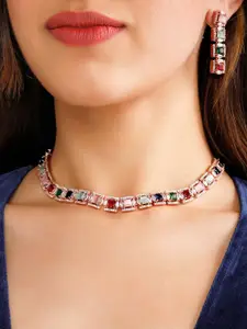 Rubans 22K Rose Gold Plated Multicolour Cubic Zirconia Studded Handcrafted Necklace Set.