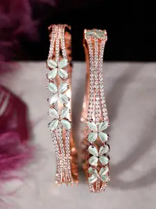 Rubans Set of 2 Rose Gold-Plated Green Cubic Zirconia Stone Studded Bangles