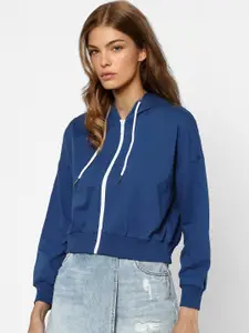 ONLY Women Navy Blue Cotton Hooded Sweatshirt