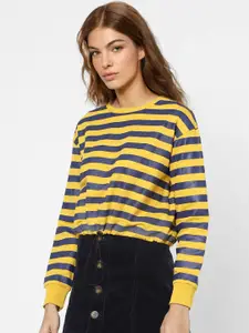 ONLY Women Yellow & Navy Blue Striped Cotton Sweatshirt