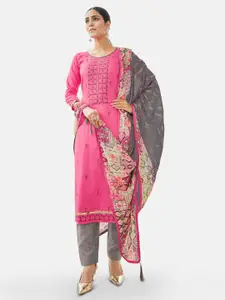 Kvsfab Women Pink Cotton Embroidered Unstitched Dress Material