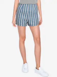 ZALORA BASICS Women Blue Striped Slim Fit High-Rise Shorts
