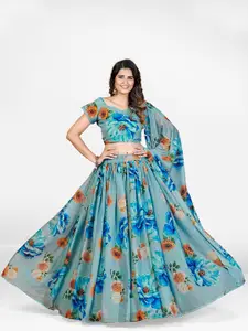 SHOPGARB Turquoise Blue & Orange Printed Semi-Stitched Lehenga & Unstitched Blouse With Dupatta