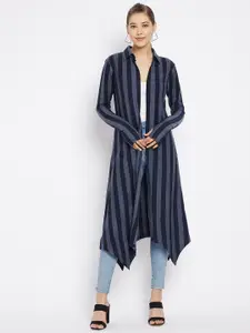 Hypernation Women Blue & Navy Blue Striped Longline Shrug