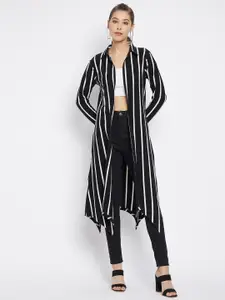 Hypernation Women Black & White Striped Cotton Knitted Longline Shrug