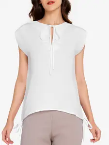 ZALORA WORK Women White Tie-Up Neck Extended Sleeves Top