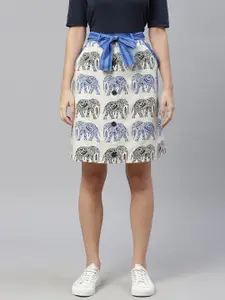 Ayaany Women Cream-Coloured Printed Above Knee Pure Cotton Straight Skirt With Side Pocket