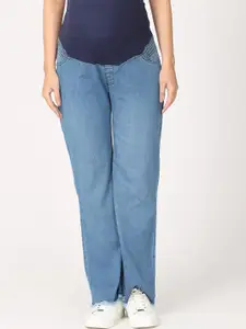 The Mom Store Women Blue Wide Leg High-Rise Light Fade Stretchable Jeans