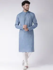TABARD Men Blue Silk Blend Printed Kurta with Churidar