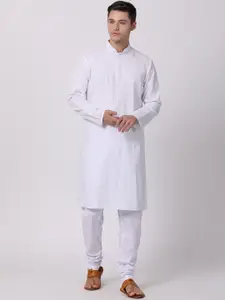 TABARD Men White Angrakha Solid Pure Cotton Kurta With Churidar