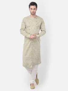 TABARD Men Beige Floral Printed Angrakha Pure Cotton Kurta with Pyjamas