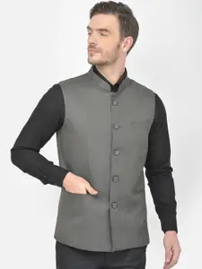 Canary London Men Charcoal Grey Solid Dobby Slim Fit Nehru Jacket