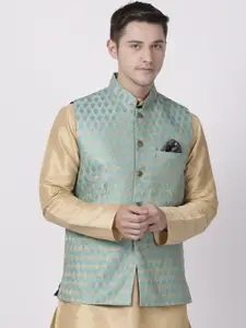 TABARD Men Green & Gold-Coloured Woven Design Nehru Jacket