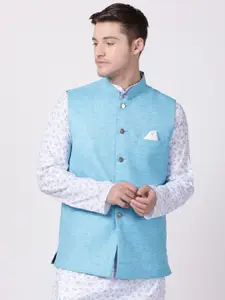 TABARD Men Blue Solid Pure Cotton Woven Nehru Jacket