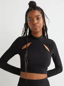 H&M Women Black Solid Cropped Glittery Cut-Out top