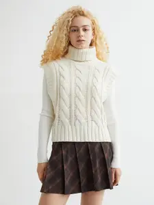 H&M H&M Women White Cable Knitted Polo Neck Sweater Vest
