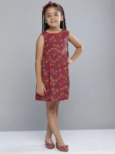 YK Girls Red & Green Floral Print Pure Cotton Fit and Flare Dress