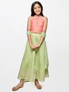 Global Desi Girls Pink & Lime Green Printed Top with Skirt & Dupatta