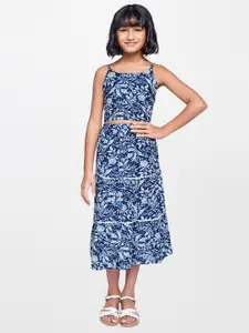 Global Desi Girls Blue Printed Top with Skirt
