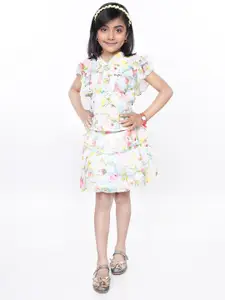 Toonyport Girls White Floral Printed Top with Skirts