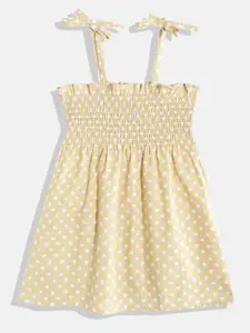 YK Infant Girls Beige & White Polka Dot Print Smocked Cotton Fit & Flare Dress