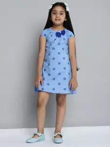 YK Girls Blue Polka Print Pure Cotton A-Line Dress