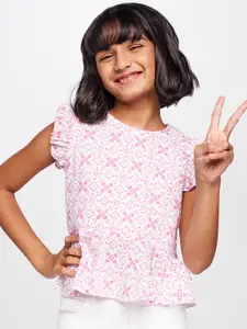 Global Desi Pink & White Print Peplum Top