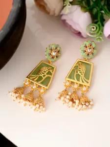 Silvermerc Designs Gold-Toned & Green Contemporary Meenakari Jhumkas Earrings