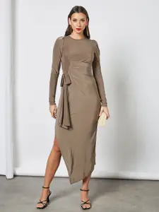 Femme Luxe Women Brown Solid Sheath Midi Dress