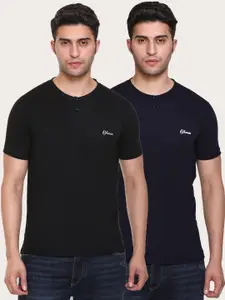 Obaan Men Black Henley Neck T-shirt Set Of 2