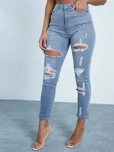 I Saw It First Women Blue Highly Distressed Light Fade Straight Fit Stretchable Jeans